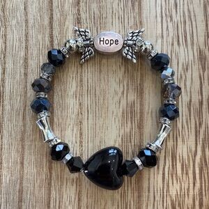 LuckyLu Wings Hope Heart Bead Stackable Bracelet Elastic Bag Charm Black Silver